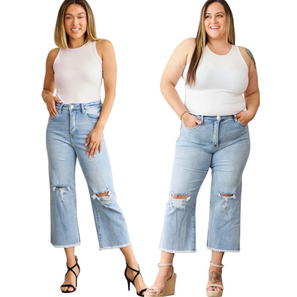 High Rise Tummy Control Cropped Jeans Distressed Light Wash Raw Hem Stretch RFM - Picture 2 of 10